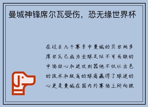 曼城神锋席尔瓦受伤，恐无缘世界杯